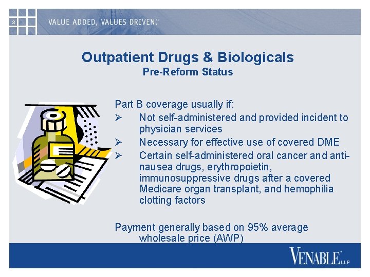 3 Outpatient Drugs & Biologicals Pre-Reform Status Part B coverage usually if: Ø Not