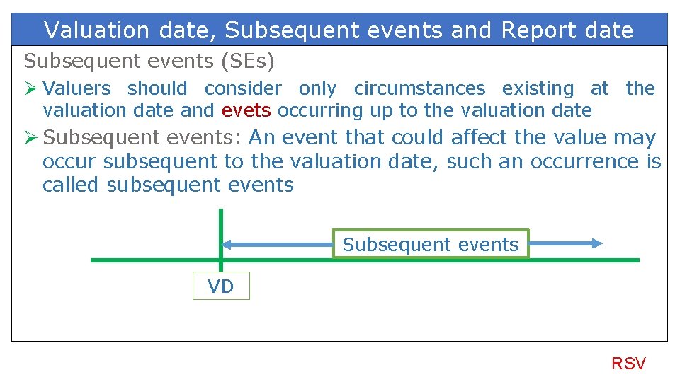 Valuation date, Subsequent events and Report date Subsequent events (SEs) Ø Valuers should consider