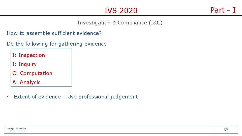 IVS 2020 Part - I Investigation & Compliance (I&C) How to assemble sufficient evidence?