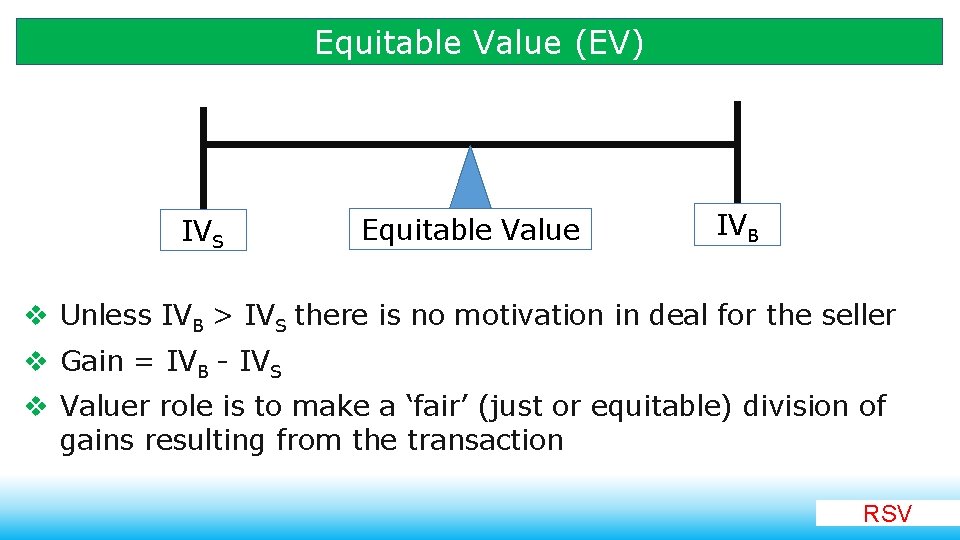 Equitable Value (EV) IVS Equitable Value IVB v Unless IVB > IVS there is