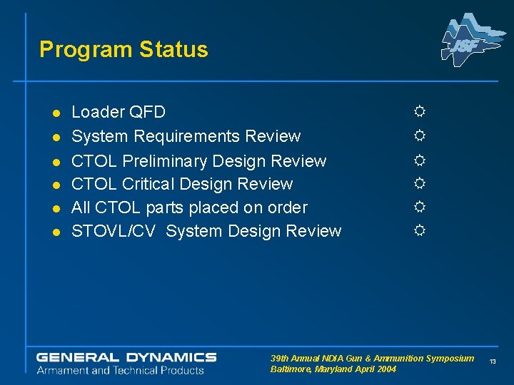 Program Status l l l Loader QFD System Requirements Review CTOL Preliminary Design Review