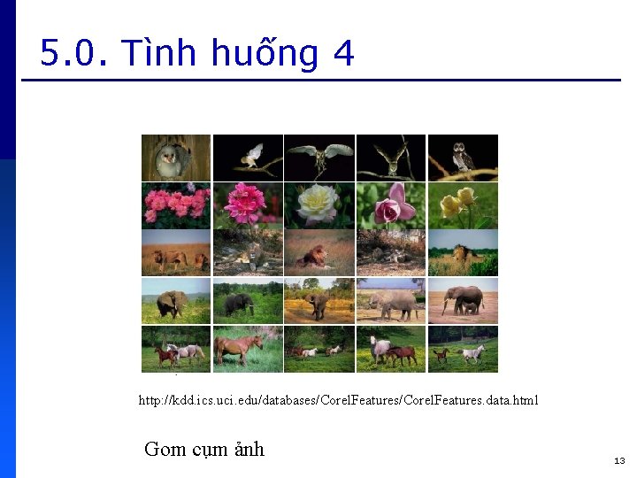 5. 0. Tình huống 4 http: //kdd. ics. uci. edu/databases/Corel. Features. data. html Gom