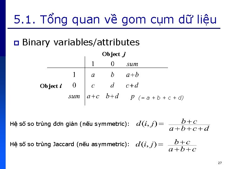 5. 1. Tổng quan về gom cụm dữ liệu p Binary variables/attributes Object j
