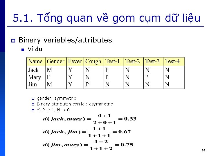 5. 1. Tổng quan về gom cụm dữ liệu p Binary variables/attributes n Ví