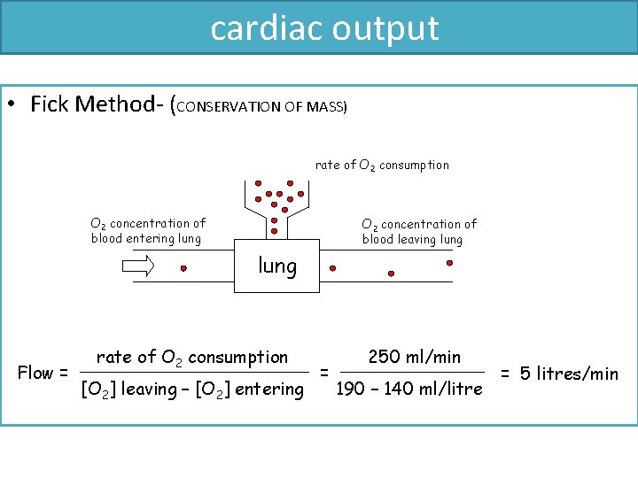cardiac output • Fick Method- (CONSERVATION OF MASS) rate of O 2 consumption O cardiac output • Fick Method- (CONSERVATION OF MASS) rate of O 2 consumption O