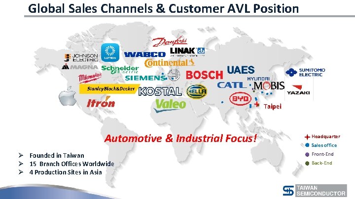 Global Sales Channels & Customer AVL Position Taipei Automotive & Industrial Focus! Ø Founded