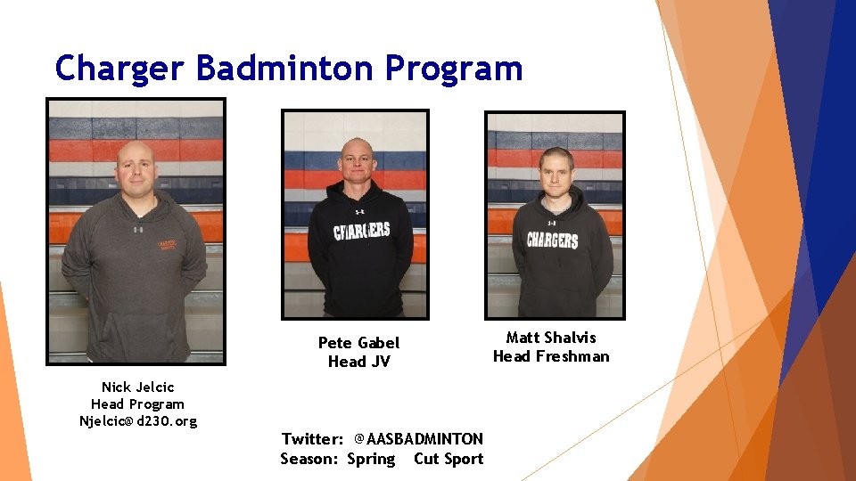 Charger Badminton Program Pete Gabel Head JV Nick Jelcic Head Program Njelcic@d 230. org Charger Badminton Program Pete Gabel Head JV Nick Jelcic Head Program Njelcic@d 230. org