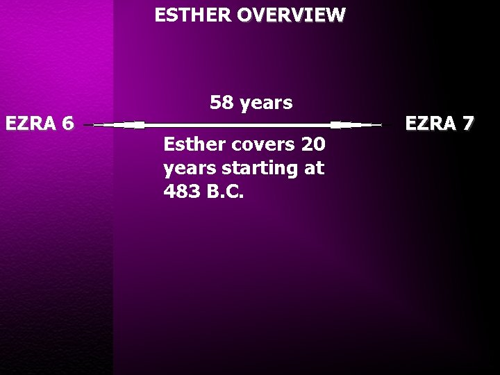 ESTHER OVERVIEW EZRA 6 58 years Esther covers 20 years starting at 483 B.