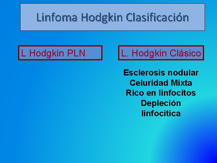 Linfoma Hodgkin Clasificación L Hodgkin PLN L. Hodgkin Clásico Esclerosis nodular Celuridad Mixta Rico