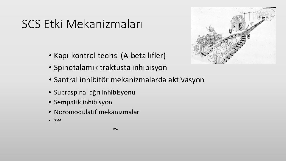 SCS Etki Mekanizmaları • Kapı-kontrol teorisi (A-beta lifler) • Spinotalamik traktusta inhibisyon • Santral