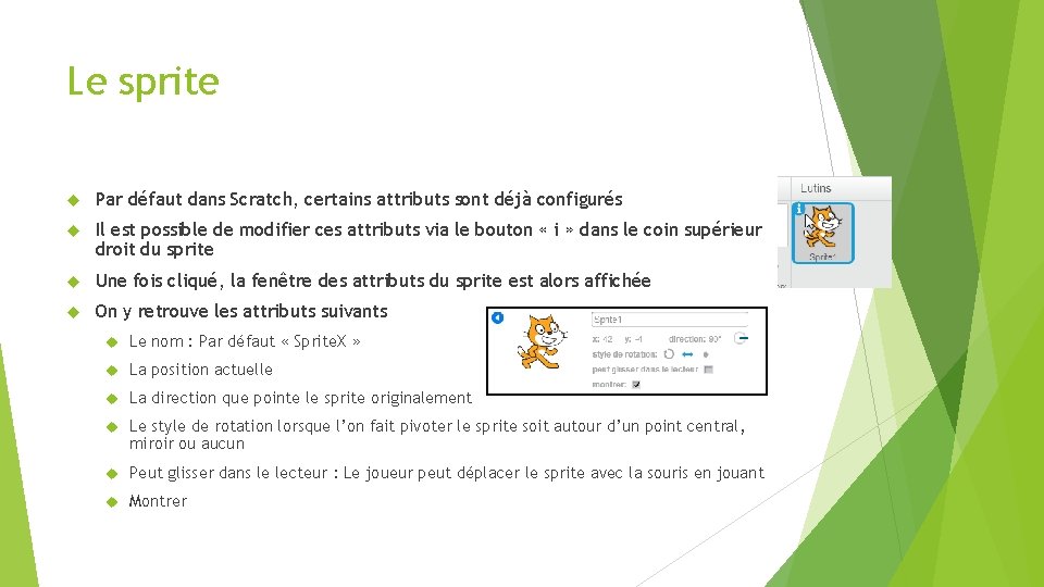 Le sprite Par défaut dans Scratch, certains attributs sont déjà configurés Il est possible