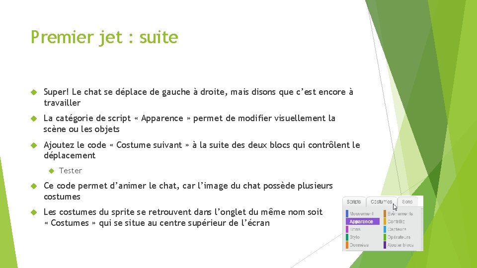 Premier jet : suite Super! Le chat se déplace de gauche à droite, mais