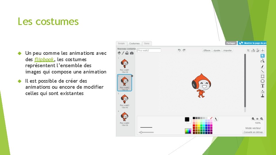 Les costumes Un peu comme les animations avec des flipbook, les costumes représentent l’ensemble