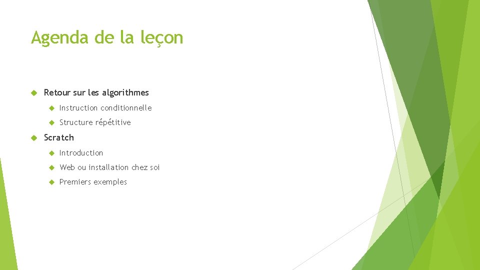 Agenda de la leçon Retour sur les algorithmes Instruction conditionnelle Structure répétitive Scratch Introduction