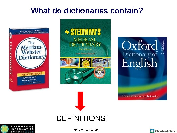 What do dictionaries contain? DEFINITIONS! Walter H. Henricks, M. D. What do dictionaries contain? DEFINITIONS! Walter H. Henricks, M. D.