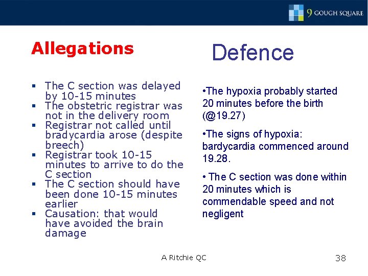 Allegations Defence § The C section was delayed by 10 -15 minutes § The