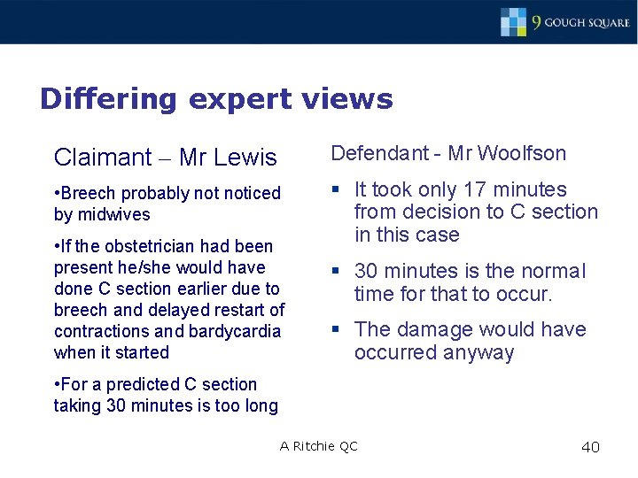 Differing expert views Claimant – Mr Lewis Defendant - Mr Woolfson • Breech probably