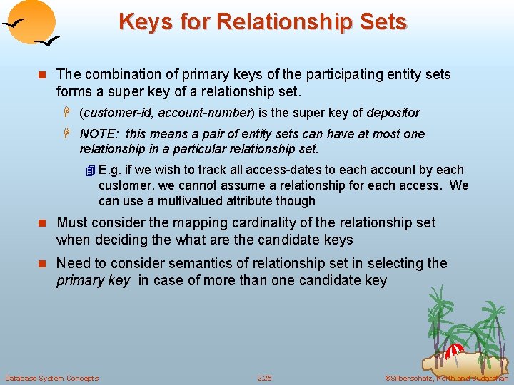 Keys for Relationship Sets n The combination of primary keys of the participating entity Keys for Relationship Sets n The combination of primary keys of the participating entity