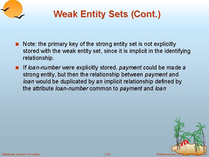 Weak Entity Sets (Cont. ) n Note: the primary key of the strong entity Weak Entity Sets (Cont. ) n Note: the primary key of the strong entity