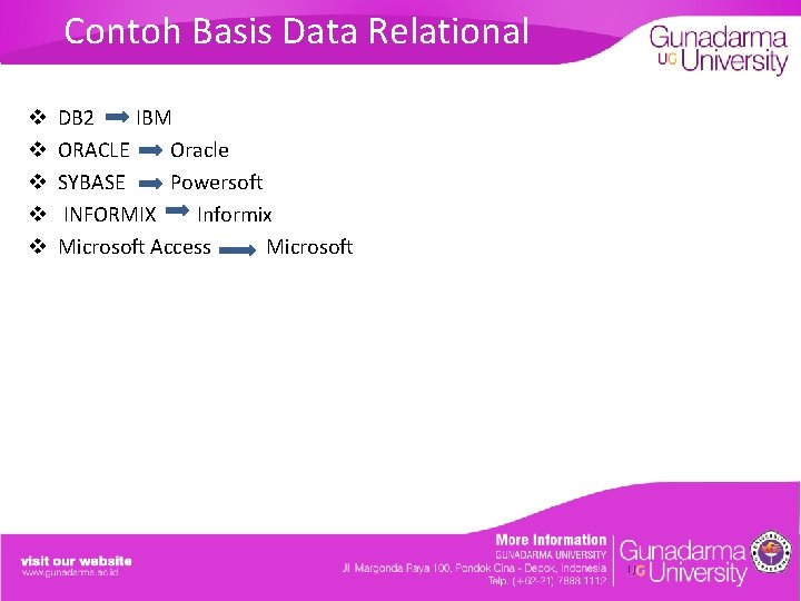 Contoh Basis Data Relational v v v DB 2 IBM ORACLE Oracle SYBASE Powersoft