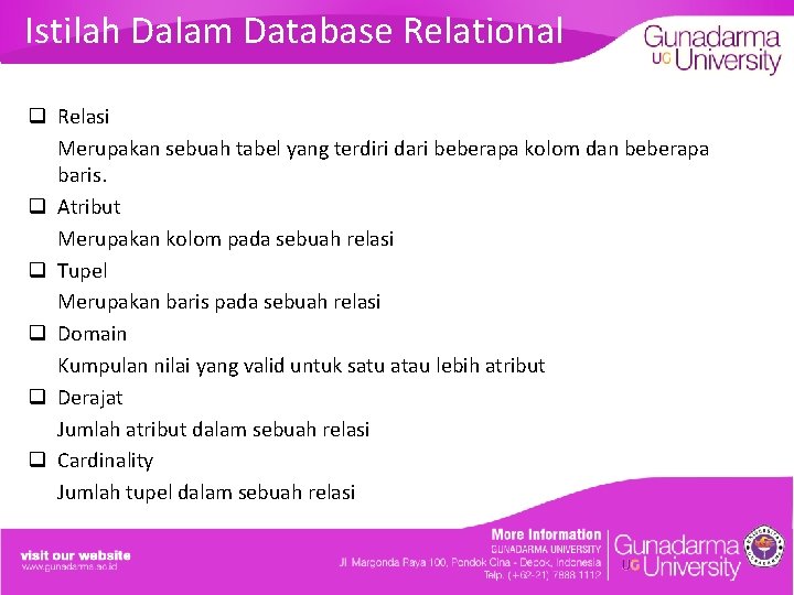 Istilah Dalam Database Relational q Relasi Merupakan sebuah tabel yang terdiri dari beberapa kolom