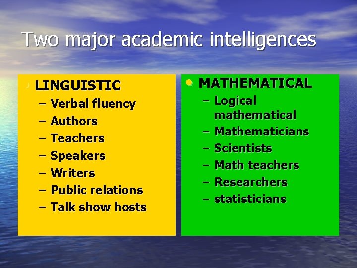 Two major academic intelligences • LINGUISTIC – – – – Verbal fluency Authors Teachers Two major academic intelligences • LINGUISTIC – – – – Verbal fluency Authors Teachers