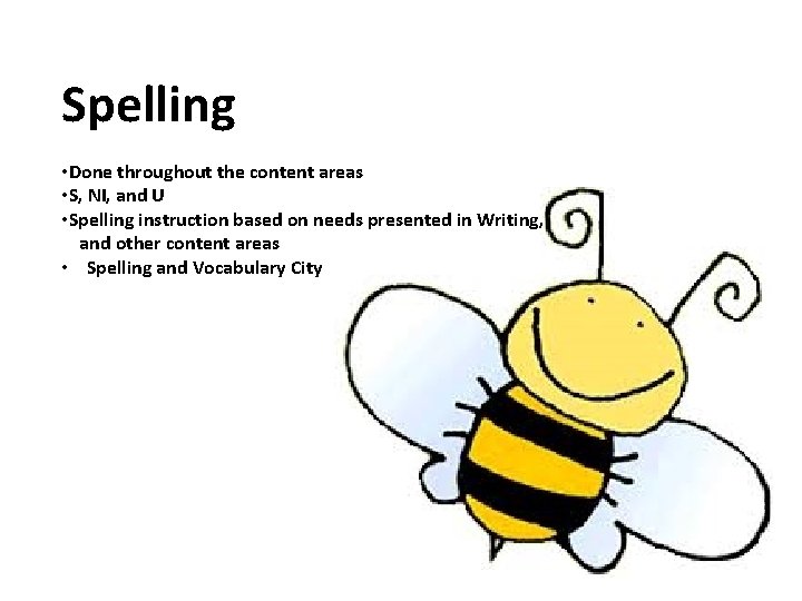 Spelling • Done throughout the content areas • S, NI, and U • Spelling Spelling • Done throughout the content areas • S, NI, and U • Spelling