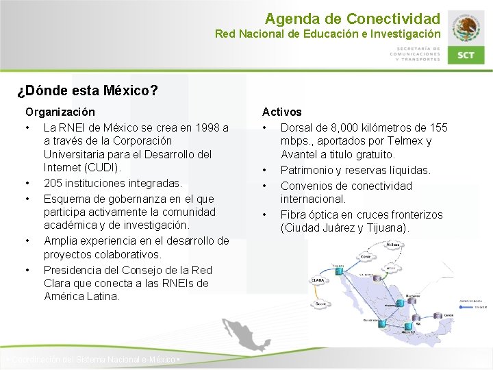 Agenda de Conectividad Red Nacional de Educación e Investigación ¿Dónde esta México? Organización •