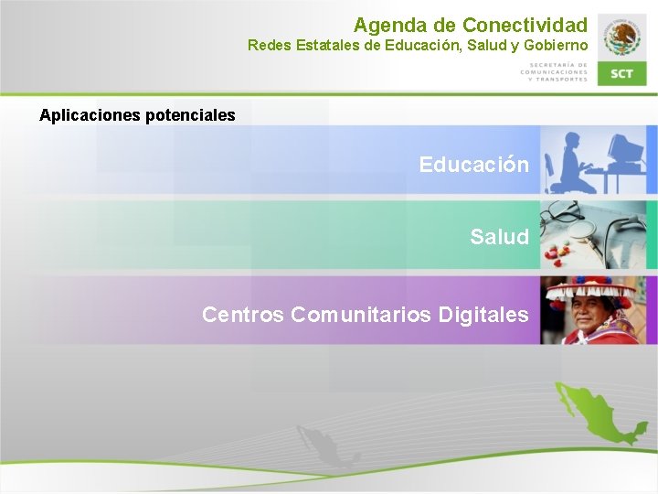 Agenda de Conectividad Redes Estatales de Educación, Salud y Gobierno Aplicaciones potenciales Educación Salud