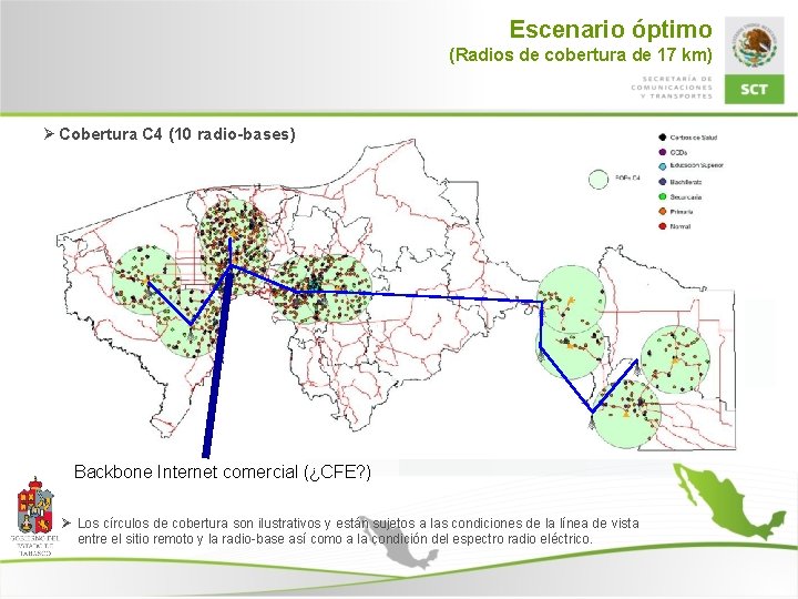 Escenario óptimo (Radios de cobertura de 17 km) Ø Cobertura C 4 (10 radio-bases)