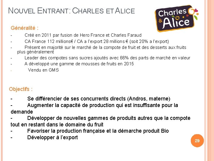 NOUVEL ENTRANT: CHARLES ET ALICE Généralité : - Créé en 2011 par fusion de