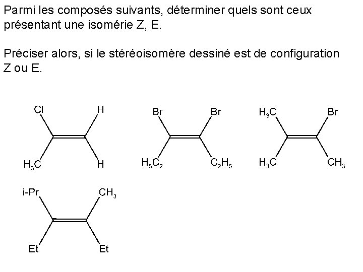 Parmi les composés suivants, déterminer quels sont ceux présentant une isomérie Z, E. Préciser