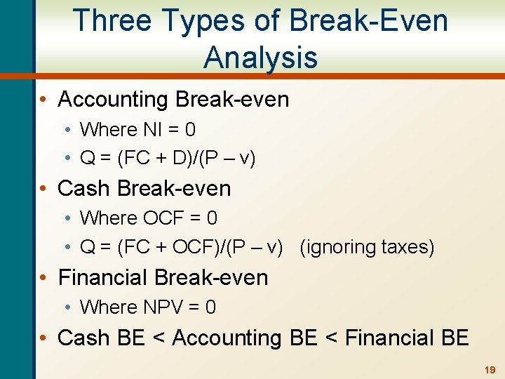 Three Types of Break-Even Analysis • Accounting Break-even • Where NI = 0 •