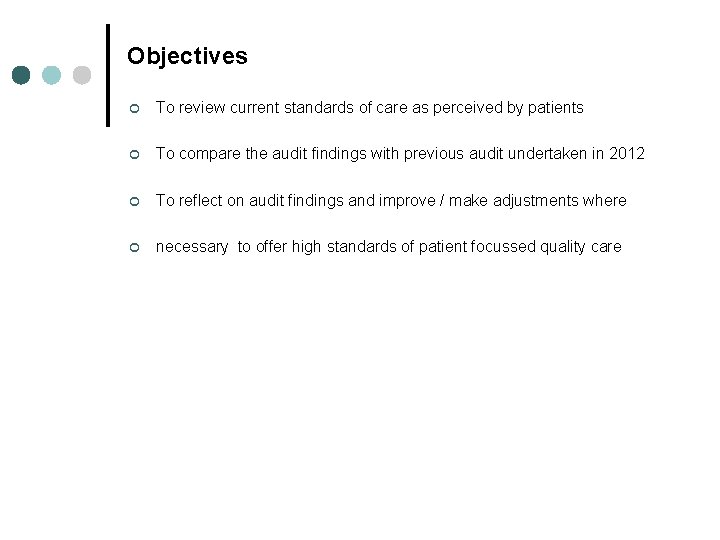 Objectives ¢ To review current standards of care as perceived by patients ¢ To