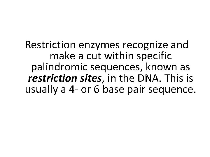Restriction enzymes recognize and make a cut within specific palindromic sequences, known as restriction