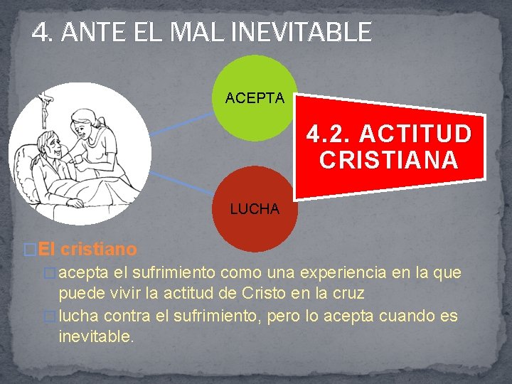 4. ANTE EL MAL INEVITABLE ACEPTA 4. 2. ACTITUD CRISTIANA LUCHA �El cristiano �