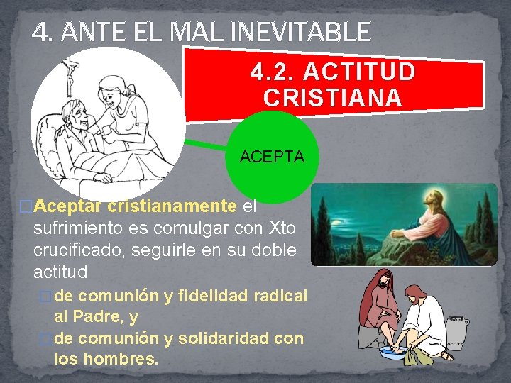 4. ANTE EL MAL INEVITABLE 4. 2. ACTITUD CRISTIANA ACEPTA �Aceptar cristianamente el sufrimiento