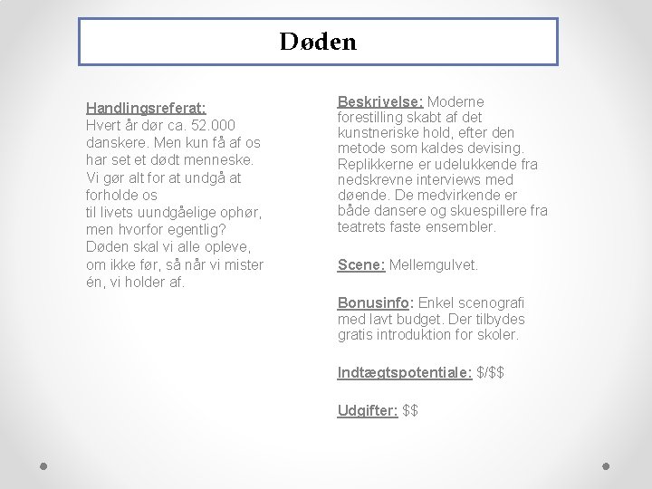 Døden Handlingsreferat: Hvert år dør ca. 52. 000 danskere. Men kun få af os