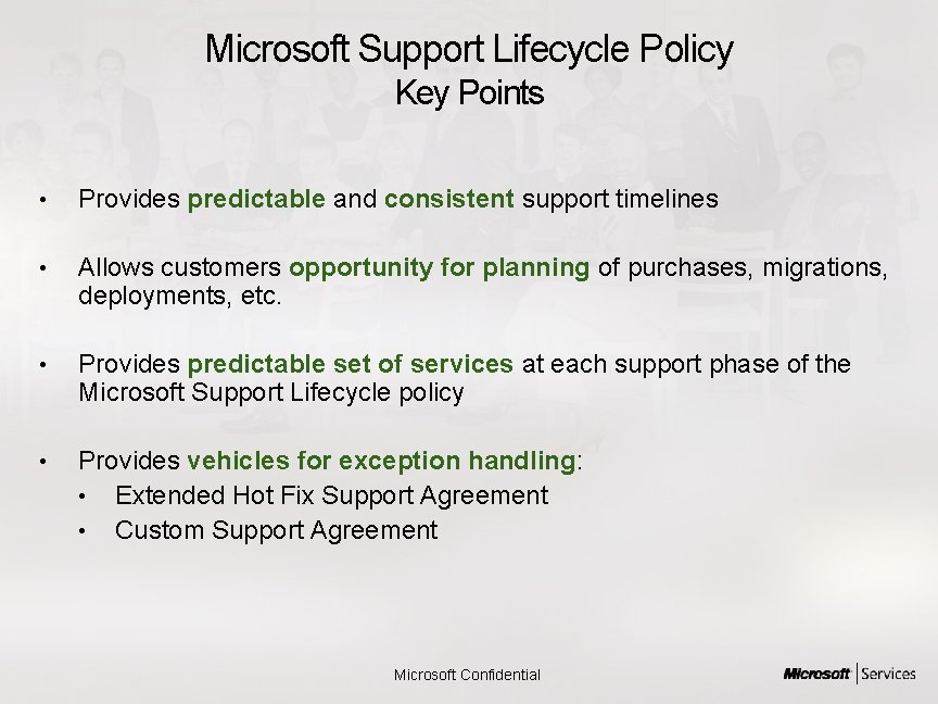 Microsoft Support Lifecycle Policy Key Points • Provides predictable and consistent support timelines •
