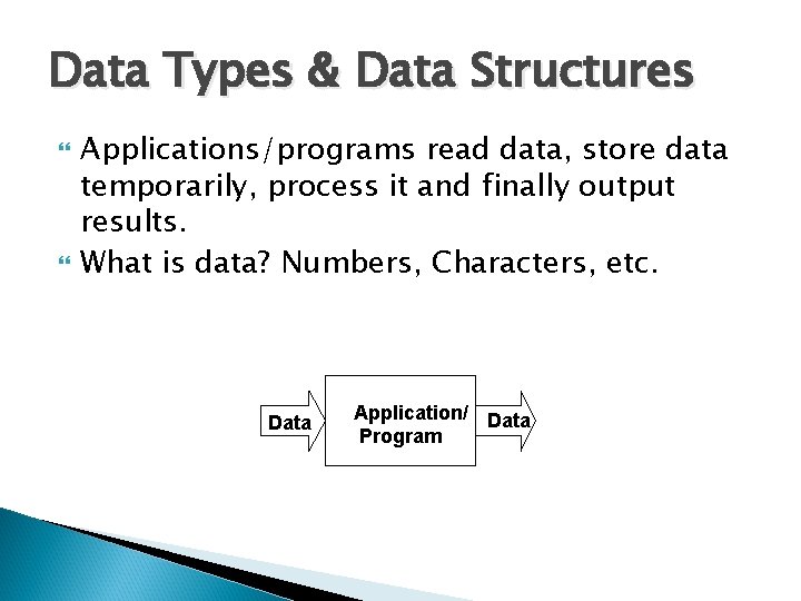 Data Types & Data Structures Applications/programs read data, store data temporarily, process it and