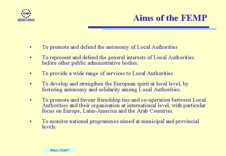 Aims of the FEMP • To promote and defend the autonomy of Local Authorities