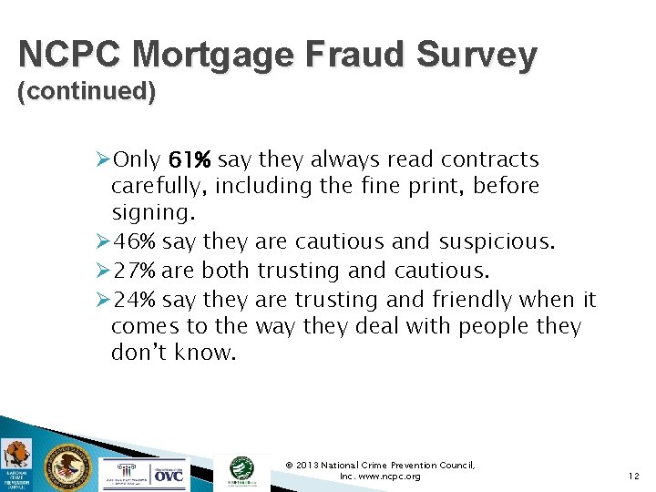 NCPC Mortgage Fraud Survey (continued) ØOnly 61% say they always read contracts carefully, including