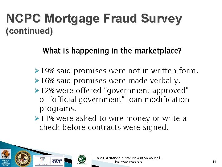 NCPC Mortgage Fraud Survey (continued) What is happening in the marketplace? Ø 19% said