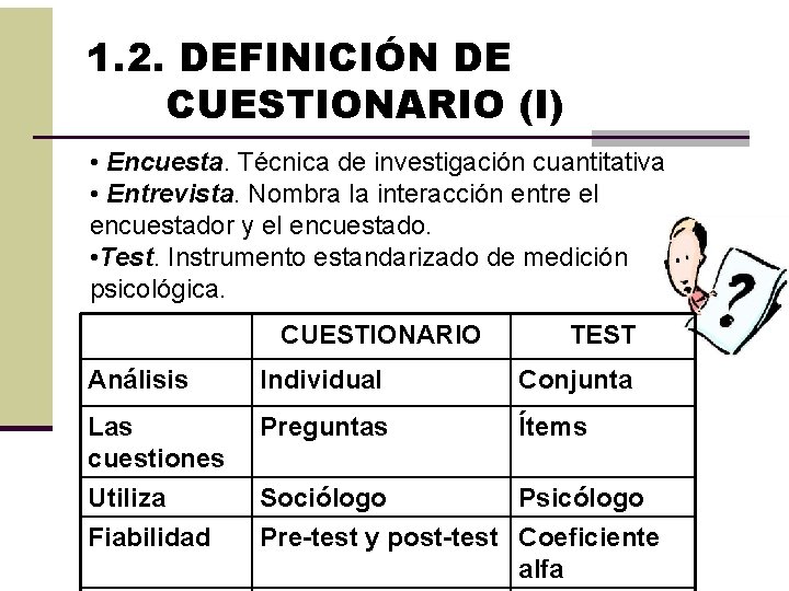 1. 2. DEFINICIÓN DE CUESTIONARIO (I) • Encuesta. Técnica de investigación cuantitativa • Entrevista.