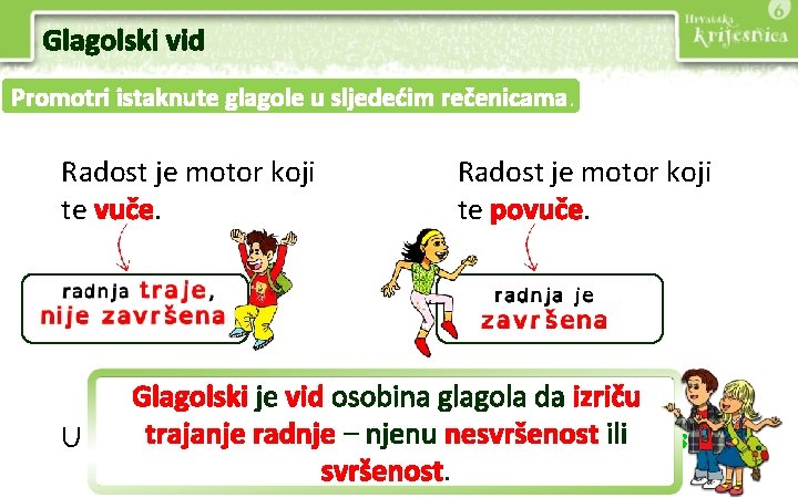 Glagolski vid Promotri istaknute glagole u sljedećim rečenicama. Radost je motor koji te vuče.