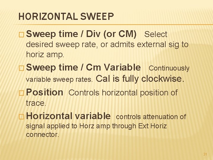 HORIZONTAL SWEEP � Sweep time / Div (or CM) Select desired sweep rate, or