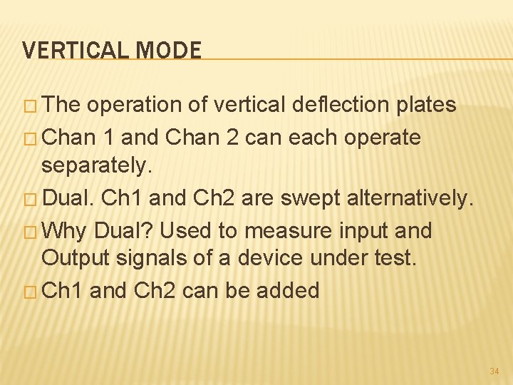 VERTICAL MODE � The operation of vertical deflection plates � Chan 1 and Chan