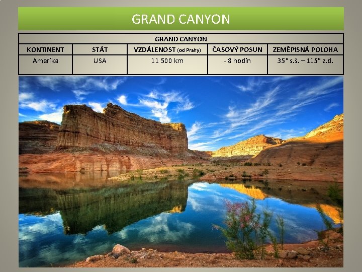 GRAND CANYON KONTINENT Amerika STÁT USA GRAND CANYON VZDÁLENOST (od Prahy) ČASOVÝ POSUN 11