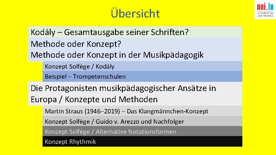 Übersicht Kodály – Gesamtausgabe seiner Schriften? Methode oder Konzept in der Musikpädagogik Konzept Solfège