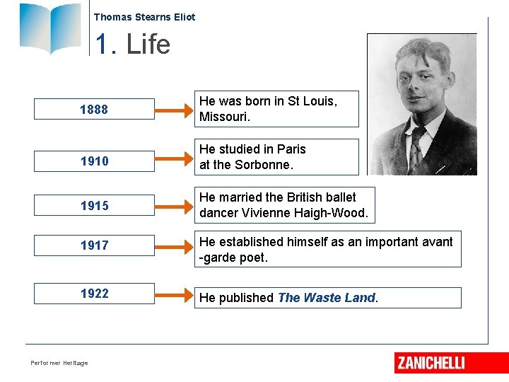 Thomas Stearns Eliot 1. Life 1888 He was born in St Louis, Missouri. 1910 Thomas Stearns Eliot 1. Life 1888 He was born in St Louis, Missouri. 1910